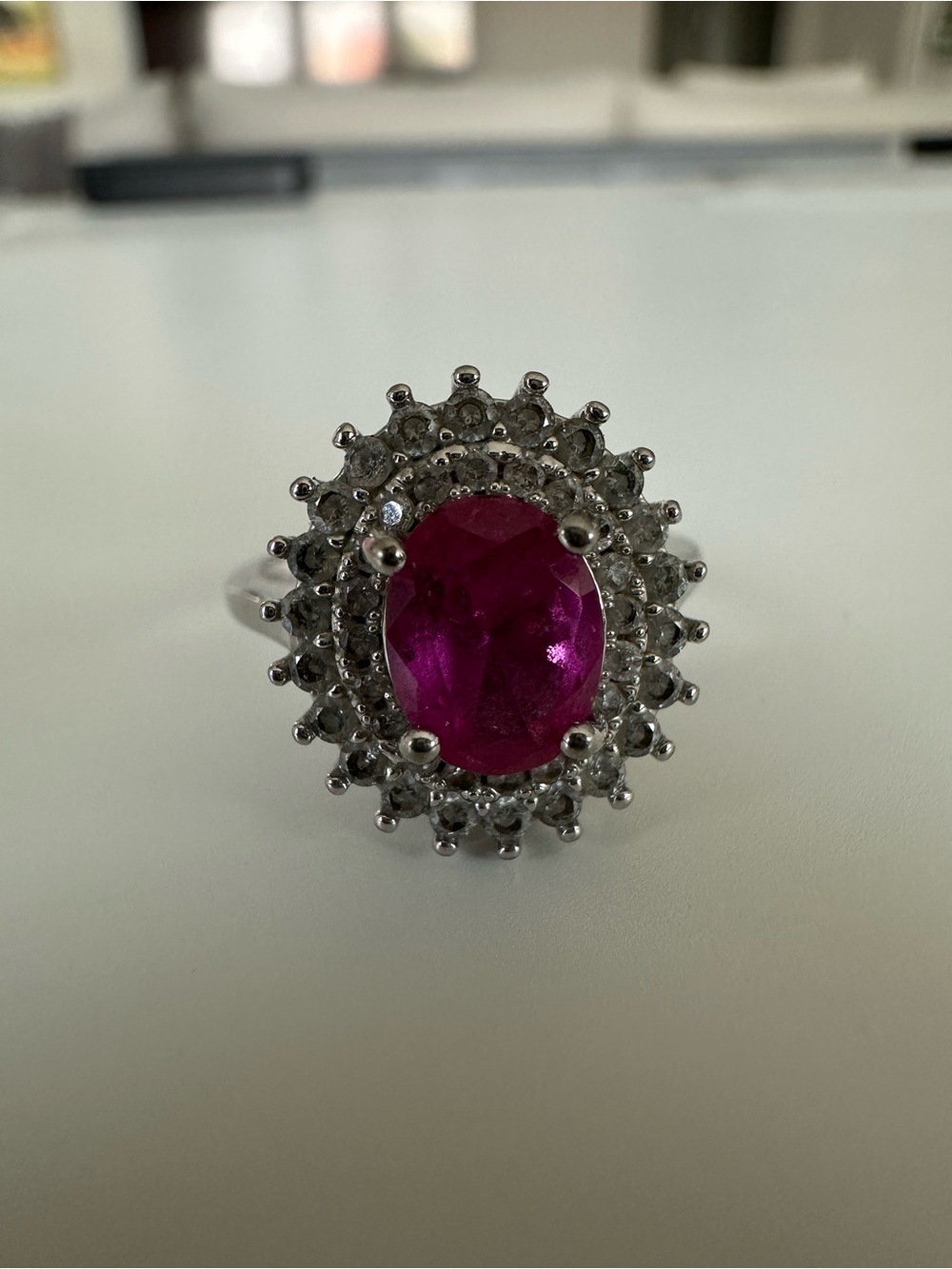 Silver Tone Ring with Pink Center Stone and Halo Accents Stamped RSC